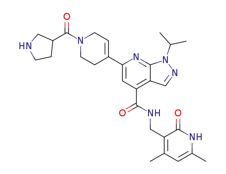 Molecular Structure of 1396776-29-6 (N-((4,6-dimethyl-2-oxo-1,2-dihydropyridin-3-yl)methyl)-1-isopropyl-6-(1-(pyrrolidine-3-carbonyl)-1,2,3,6-tetrahydropyridin-4-yl)-1H-pyrazolo[3,4-b]pyridine-4-carboxamide)