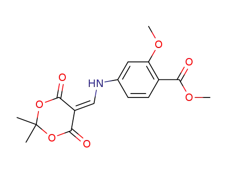 Molecular Structure of 205448-64-2 (4-[(2,2-Dimethyl-4,6-dioxo-[1,3]dioxan-5-ylidenemethyl)-amino]-2-methoxy-benzoic acid methyl ester)