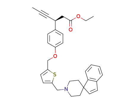 Molecular Structure of 1309436-19-8 (ethyl (3S)-3-[4-[[5-(spiro[indene-1,4'-piperidine]-1'-ylmethyl)-2-thienyl]methoxy]phenyl]hex-4-ynoate)