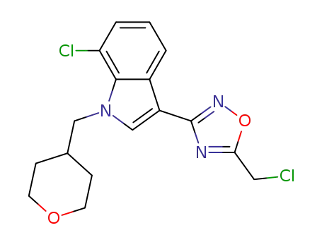 Molecular Structure of 928150-02-1 (7-chloro-3-[(5-chloromethyl)-([1,2,4]oxadiazol-3-yl)]-1-(tetrahydropyran-4-yl)methyl-1H-indole)
