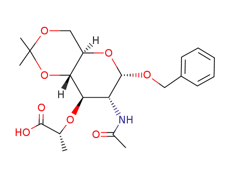 Molecular Structure of 69323-67-7 ((R)-2-(((4aR,6S,7R,8R,8aS)-7-acetamido-6-(benzyloxy)-2,2-dimethylhexahydropyrano[3,2-d][1,3]dioxin-8-yl)oxy)propanoic acid)