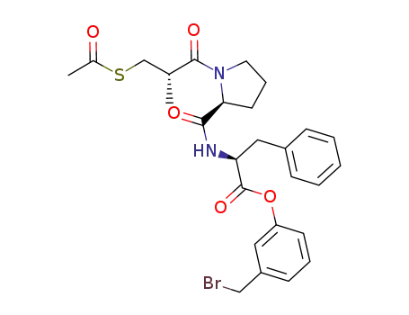 Molecular Structure of 801293-47-0 (L-Phenylalanine, 1-[(2S)-3-(acetylthio)-2-methyl-1-oxopropyl]-L-prolyl-,
3-(bromomethyl)phenyl ester)