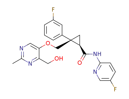 Molecular Structure of 1369765-96-7 ((1R,2S)-2-(((2-methyl-4-hydroxymethylpyrimidin-5-yl)oxy)-methyl)-N-(5-fluoropyridin-2-yl)-2-(3-fluorophenyl)-cyclopropanecarboxamide)
