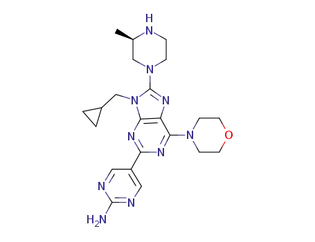Molecular Structure of 1222104-79-1 (5-{9-(cyclopropylmethyl)-8-[(3R)-3-methylpiperazin-1-yl]-6-morpholin-4-yl-9H-purin-2-yl}pyrimidin-2-amine)