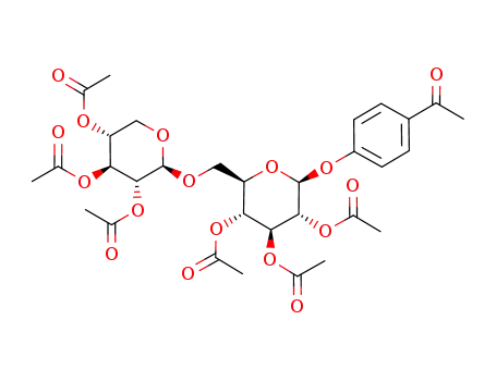 Molecular Structure of 159185-43-0 (Acetic acid (2S,3R,4S,5R,6R)-4,5-diacetoxy-2-(4-acetyl-phenoxy)-6-((2R,3R,4S,5R)-3,4,5-triacetoxy-tetrahydro-pyran-2-yloxymethyl)-tetrahydro-pyran-3-yl ester)