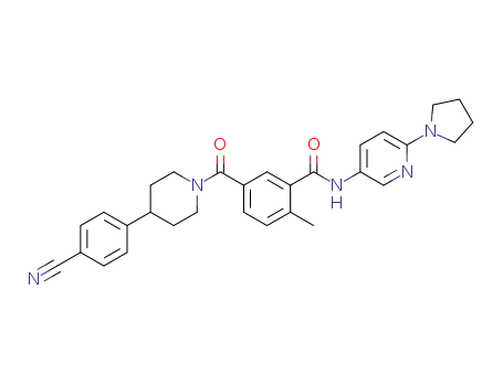 Molecular Structure of 1399176-26-1 (5-(4-(4-cyanophenyl)piperidine-1-carbonyl)-2-methyl-N-(6-(pyrrolidin-1-yl)pyridin-3-yl)benzamide)