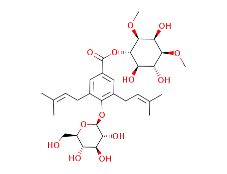 Molecular Structure of 98969-20-1 (myo-Inositol,1,3-di-O-methyl-, 4-[4-(b-D-glucopyranosyloxy)-3,5-bis(3-methyl-2-butenyl)benzoate] (9CI))