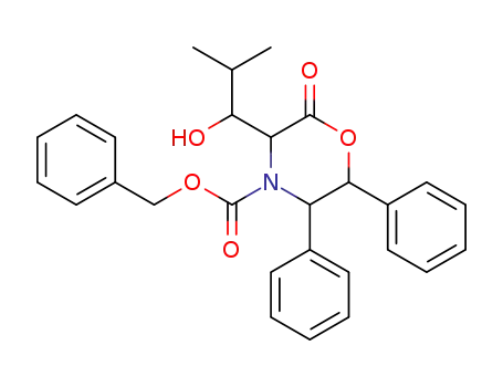 Molecular Structure of 129274-26-6 ((5S,6R)-3-(1-Hydroxy-2-methyl-propyl)-2-oxo-5,6-diphenyl-morpholine-4-carboxylic acid benzyl ester)