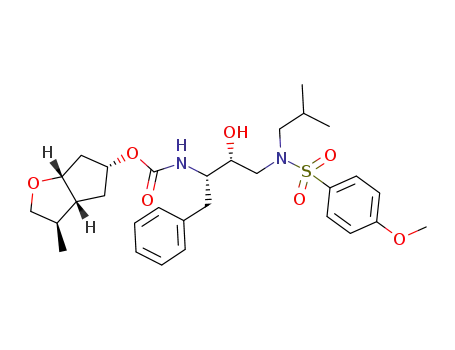 Molecular Structure of 1321531-22-9 ((3R,3aR,5R,6aR)-3-methylhexahydro-2H-cyclopenta[b]-furan-5-yl [(2S,3R)-3-hydroxy-4-(N-isobutyl-4-methoxyphenylsulfonamido)-1-phenylbutan-2-yl]carbamate)