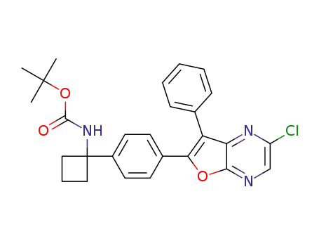 Molecular Structure of 1301612-83-8 (tert-butyl 1-(4-(2-chloro-7-phenylfuro[2,3-b]pyrazin-6-yl)phenyl)cyclobutylcarbamate)