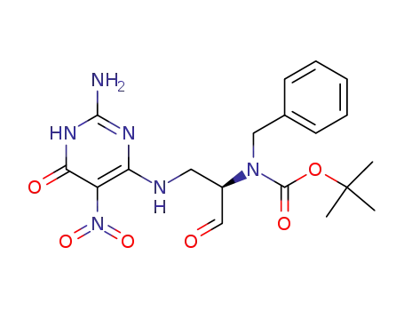 Molecular Structure of 142811-48-1 ([(R)-2-(2-Amino-5-nitro-6-oxo-1,6-dihydro-pyrimidin-4-ylamino)-1-formyl-ethyl]-benzyl-carbamic acid tert-butyl ester)