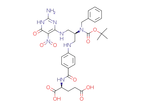 Molecular Structure of 142811-49-2 (N-<4-<<2(S)-<N-(tert-butoxycarbonyl)-N-benzylamino>-3-<(2-amino-5-nitro-4(3H)-oxopyrimidin-6-yl)amino>propyl>amino>benzoyl>-L-glutamic acid)