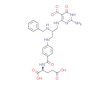 Molecular Structure of 142811-50-5 (N-<4-<<2(S)-(benzylamino)-3-<(2-amino-5-nitro-4(3H)-oxopyrimidin-6-yl)amino>propyl>amino>benzoyl>-L-glutamic acid)