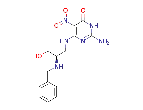 Molecular Structure of 142811-46-9 (4(1H)-Pyrimidinone,
2-amino-6-[[3-hydroxy-2-[(phenylmethyl)amino]propyl]amino]-5-nitro-,
(R)-)