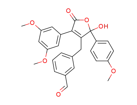 Molecular Structure of 169803-74-1 (Benzaldehyde,
3-[[4-(3,5-dimethoxyphenyl)-2,5-dihydro-2-hydroxy-2-(4-methoxyphenyl)-
5-oxo-3-furanyl]methyl]-)