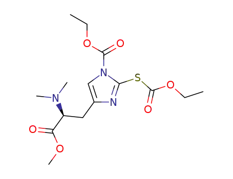 Molecular Structure of 162138-72-9 (1-(Ethoxycarbonyl)-2-[(ethoxycarbonyl)thio]-N,N-diMethyl-L-histidine Methyl Ester)