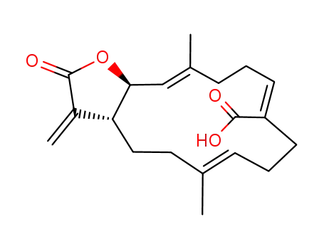 Molecular Structure of 59632-76-7 ((3aR,6E,10Z,14E,15aS)-2,3,3a,4,5,8,9,12,13,15a-Decahydro-6,14-dimethyl-3-methylene-2-oxocyclotetradeca[b]furan-10-carboxylic acid)