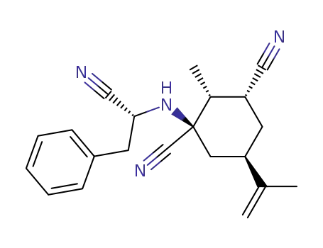 Molecular Structure of 155385-83-4 ((-)-1-<(1-cyano-2-phenylethyl)amino>-2R-methyl-5R-(1-methylethenyl)cyclohexane-1R,3R-dicarbonitrile)