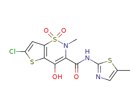 Molecular Structure of 479482-38-7 (6-Chloro-4-hydroxy-2-methyl-N-(5-methyl-2-thiazolyl)-2H-thieno[2,3-e]-1,2-thiazine-3-carboxamide 1,1-Dioxide)