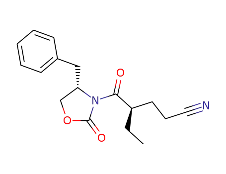 Molecular Structure of 189760-91-6 (Oxazolidine,
3-[(2R)-4-cyano-2-ethyl-1-oxobutyl]-2-oxo-4-(phenylmethyl)-, (4S)-)
