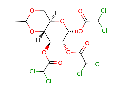 Molecular Structure of 149312-27-6 (4,6-O-ethylidene-1,2,3-tri-O-(dichloroacetyl)-α-D-glucopyranose)
