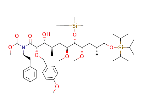 Molecular Structure of 126821-31-6 ((S)-4-Benzyl-3-[(2S,3R,4R,6S,7R,8S,10R)-7-(tert-butyl-dimethyl-silanyloxy)-3-hydroxy-6,8-dimethoxy-2-(4-methoxy-benzyloxy)-4,10-dimethyl-11-triisopropylsilanyloxy-undecanoyl]-oxazolidin-2-one)