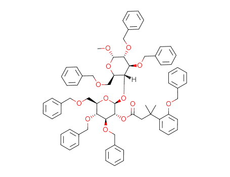 Molecular Structure of 935554-58-8 (methyl 2,3,6-tri-O-benzyl-4-O-{3,4,6-tri-O-benzyl-2-O-[3'-(2''-benzyloxyphenyl)-3',3'-dimethylpropanoyl]-β-D-glucopyranosyl}-(1->4)-α-D-glucopyranoside)