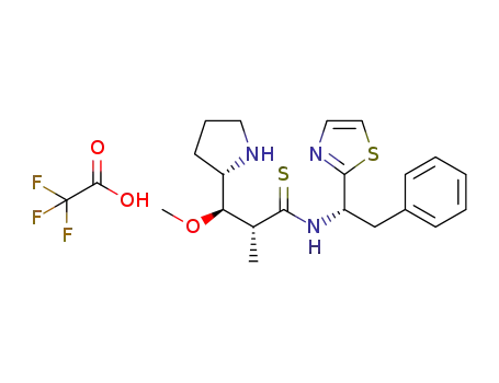 Molecular Structure of 1438851-45-6 ((2R,3R)-3-methoxy-2-methyl-N-[(1S)-2-phenyl-1-(1,3-thiazol-2-yl)ethyl]-3-[(2S)-pyrrolidin-2-yl]propanethioamide, trifluoroacetic acid salt)