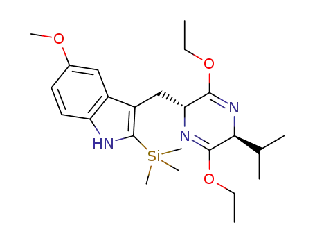 Molecular Structure of 1443744-07-7 (3-(((2R,5S)-3,6-diethoxy-5-isopropyl-2,5-dihydropyrazin-2-yl)methyl)-5-methoxy-2-(trimethylsilyl)-1H-indole)