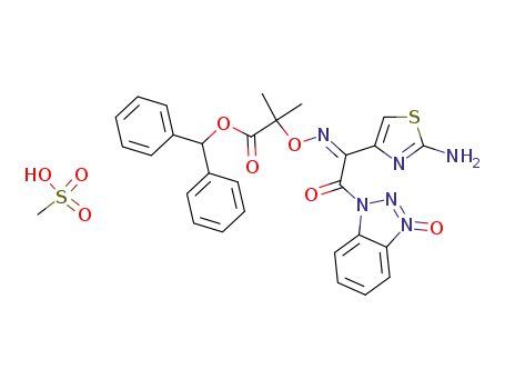 Molecular Structure of 139714-26-4 ((Z)-2-[[[1-(2-amino-4-thiazolyl)-2-(3-oxido-1H-benzotriazol-1-yl)-2-oxoethylidene]amino]oxy]-2-methylpropanoic acid diphenylmethyl ester methanesulfonate (1:1) salt)