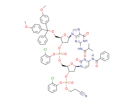 Molecular Structure of 78098-93-8 (3-Cytidylic acid, 5-O-(bis(4-methoxyphenyl)phenylmethyl)-P-(2-chlorophenyl)-2-deoxy-N-(2-methyl-1-oxopropyl)guanylyl-(3.5)-N-benzoyl-2-deoxy-, 2-chlorophenyl 2-cyanoethyl ester)