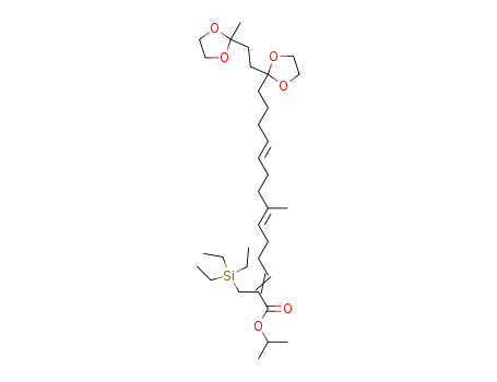 Molecular Structure of 109271-01-4 (2,6,10-Tetradecatrienoic acid,
7-methyl-14-[2-[2-(2-methyl-1,3-dioxolan-2-yl)ethyl]-1,3-dioxolan-2-yl]-2-[
(triethylsilyl)methyl]-, 1-methylethyl ester, (Z,E,E)-)