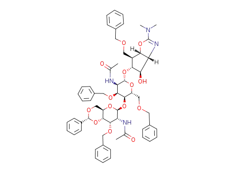 Molecular Structure of 136773-88-1 (.beta.-D-Allopyranoside, 2-(dimethylamino)-3a,5,6,6a-tetrahydro-4-hydroxy-6-(phenylmethoxy)methyl-4H-cyclopentoxazol-5-yl 2-(acetylamino)-4-O-2-(acetylamino)-2-deoxy-3-O-(phenylmethyl)-4,6-O-(phenylmethylene)-.beta.-D-allopyranosyl-2-deoxy-3,6-bis-O-(phen)