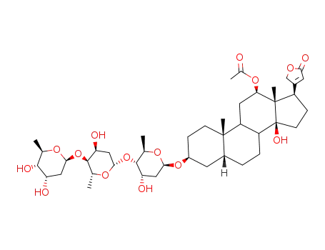 Molecular Structure of 20991-71-3 (Card-20(22)-enolide, 12-(acetyloxy)-3-((O-2,6-dideoxy-beta-d-ribo-hexopyranosyl-(1.4)-O-2,6-dideoxy-beta-d-ribo-hexopyranosyl-(1.4)-2,6-dideoxy-beta-d-ribo-hexopyranosyl)oxy)-14-hydroxy-,(3beta,5beta,12beta)-)