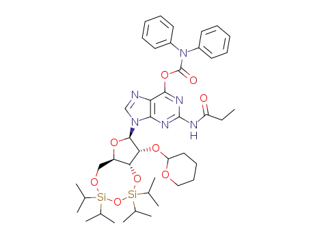 Molecular Structure of 98264-11-0 (Diphenyl-carbamic acid 2-propionylamino-9-[(2R,3R,3aR,9aR)-5,5,7,7-tetraisopropyl-3-(tetrahydro-pyran-2-yloxy)-tetrahydro-1,4,6,8-tetraoxa-5,7-disila-cyclopentacycloocten-2-yl]-9H-purin-6-yl ester)