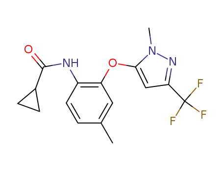 Molecular Structure of 184358-22-3 (Cyclopropanecarboxamide,
N-[4-methyl-2-[[1-methyl-3-(trifluoromethyl)-1H-pyrazol-5-yl]oxy]phenyl]-)