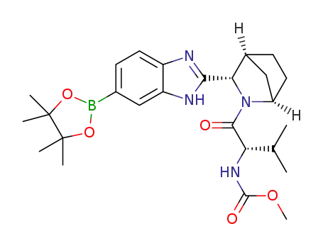 Molecular Structure of 1378387-87-1 (methyl ((S)-3-methyl-1-oxo-1-((1R,3S,4S)-3-(6-(4,4,5,5-tetramethyl-1,3,2-dioxaborolan-2-yl)-1H-benzo[d]imidazole-2-yl)-2-azabicyclo[2.2.1]heptan-2-yl)butan-2-yl)carbamate)