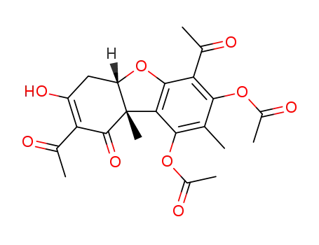 Molecular Structure of 21402-59-5 (7,9-diacetoxy-2,6-diacetyl-3-hydroxy-8,9b-dimethyl-4a,9b-dihydro-4<i>H</i>-dibenzofuran-1-one)