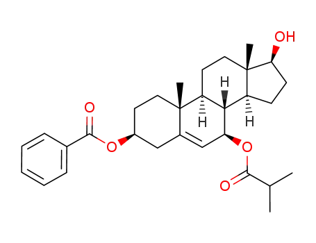 Molecular Structure of 188176-03-6 (Benzoic acid (3S,7R,8R,9S,10R,13S,14S,17S)-17-hydroxy-7-isobutyryloxy-10,13-dimethyl-2,3,4,7,8,9,10,11,12,13,14,15,16,17-tetradecahydro-1H-cyclopenta[a]phenanthren-3-yl ester)