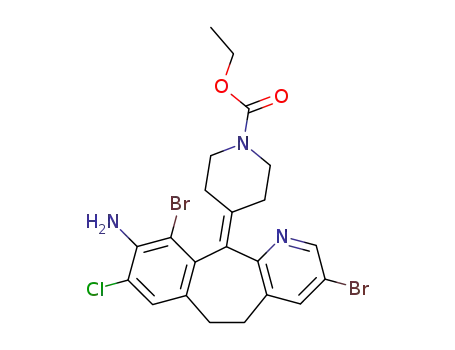 Molecular Structure of 193276-45-8 (4-<3,10-dibromo-8-chloro-5,6-dihydro-9-amino-11H-benzo-<5,6>cyclohepta<1,2-b>pyridin-11-ylidene>-1-piperidinecarboxylic acid ethyl ester)