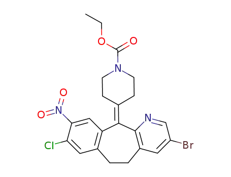 Molecular Structure of 193276-34-5 (4-<3-bromo-8-chloro-5,6-dihydro-9-nitro-11H-benzo-<5,6>cyclohepta<1,2-b>pyridin-11-ylidene>-1-piperidinecarboxylic acid ethyl ester)