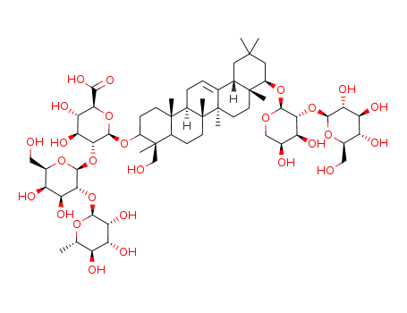 Molecular Structure of 100201-60-3 (b-D-Glucopyranosiduronic acid, (3b,4b,22b)-22-[(2-O-b-D-glucopyranosyl-a-L-arabinopyranosyl)oxy]-23-hydroxyolean-12-en-3-ylO-6-deoxy-a-L-mannopyranosyl-(1®2)-O-b-D-galactopyranosyl-(1®2)- (9CI))