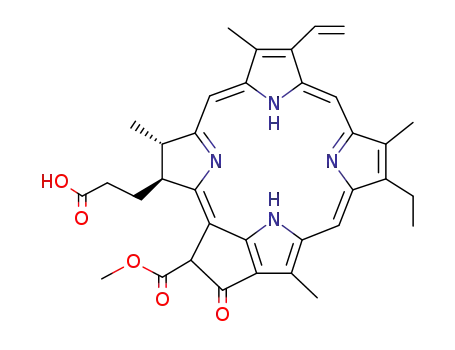 Molecular Structure of 78964-31-5 (3-Phorbinepropanoicacid, 9-ethenyl-14-ethyl-21-(methoxycarbonyl)-4,8,13,18-tetramethyl-20-oxo-,(3S,4S,21S)-)