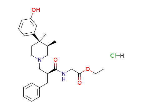 Molecular Structure of 1314751-88-6 (ethyl 2-((S)-2-benzyl-3-((3R,4R)-4-(3-hydroxyphenyl)-3,4-dimethylpiperidin-1-yl)propanamido)acetate hydrochloride)