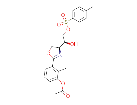 Molecular Structure of 201402-95-1 (Acetic acid 3-{(S)-4-[(S)-1-hydroxy-2-(toluene-4-sulfonyloxy)-ethyl]-4,5-dihydro-oxazol-2-yl}-2-methyl-phenyl ester)