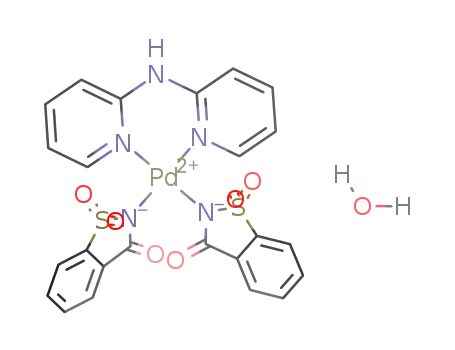 Molecular Structure of 1245815-85-3 (cis-[Pd(2,2'-dipyridylamine)(saccharinate)2]*H<sub>2</sub>O)