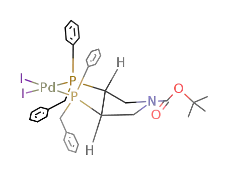 Molecular Structure of 113452-33-8 ({(PS,3R,4R,P'R)-3,4-bis(benzylphenylphosphino)-1-(tert-butoxycarbonyl)pyrrolidine-P,P'}diiodopalladium)