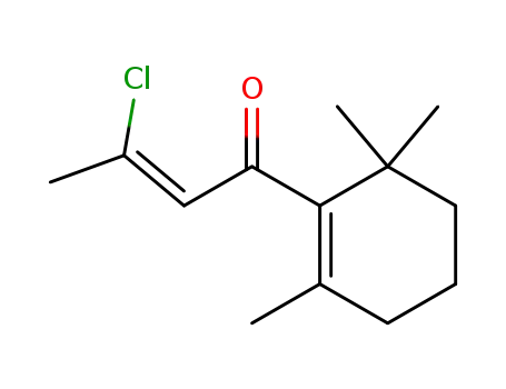 Molecular Structure of 77250-09-0 ((Z)-3-chloro-1-(2,6,6-trimethylcyclohex-1-enyl)but-2-en-1-one)