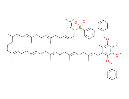 Molecular Structure of 116883-28-4 (1,4-dibenzyloxy-2,3-dimethoxy-5-methyl-6-(37'-phenylsulfonyl-3',7',11',15',19',23',27',31',35',39'-decamethyltetraconta-2'E,6'E,10'E,14'E,18'E,22'E,26'E,30'E,34'E,38'-decaenyl)benzene)