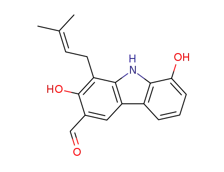 Molecular Structure of 32042-35-6 (9H-Carbazole-3-carboxaldehyde,2,8-dihydroxy-1-(3-methyl-2-buten-1-yl)-)